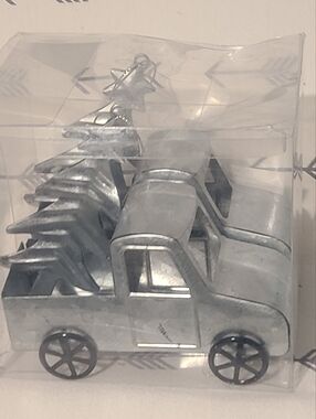 NIB Set Of 2 Galvanized Metal Farm Truck w/ Tree Christmas Ornament Hobby Lobby